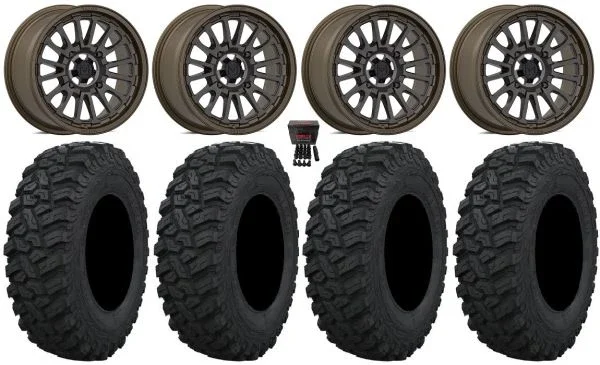 Valor V14 15″ Wheels Root Beer 30″ Trekker Tires Kawasaki Teryx Mule