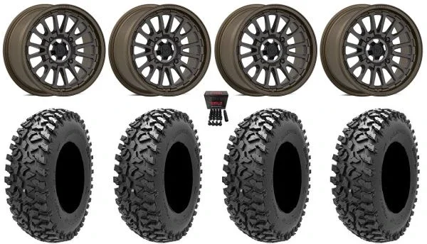 Valor V14 15″ Wheels Root Beer 32″ Rampage Fury Tires Polaris Sportsman / RZR / Ranger